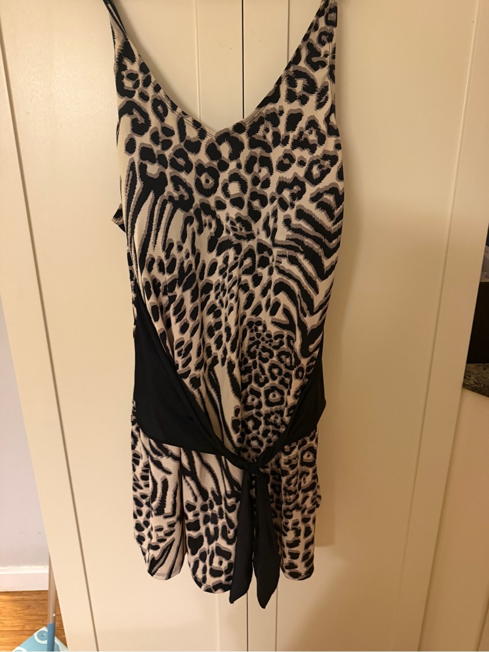 Animal Print One-Piece Swimsuit with Black Waist Tie